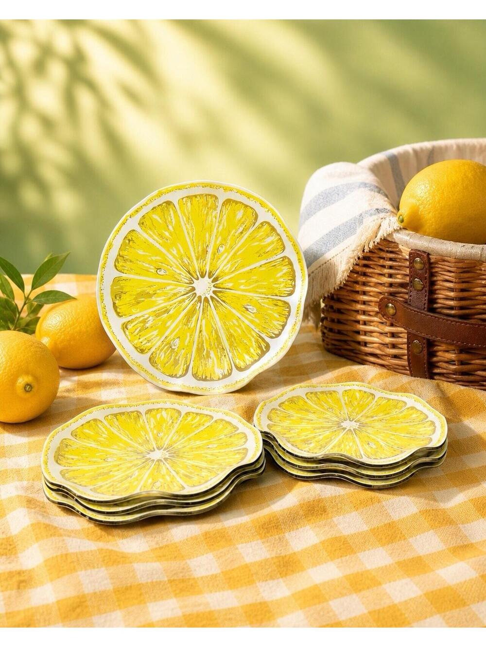 Stotter Settings 1960s Set Of 6 Lemon Slice Melamine Snack Plates, 7.25”